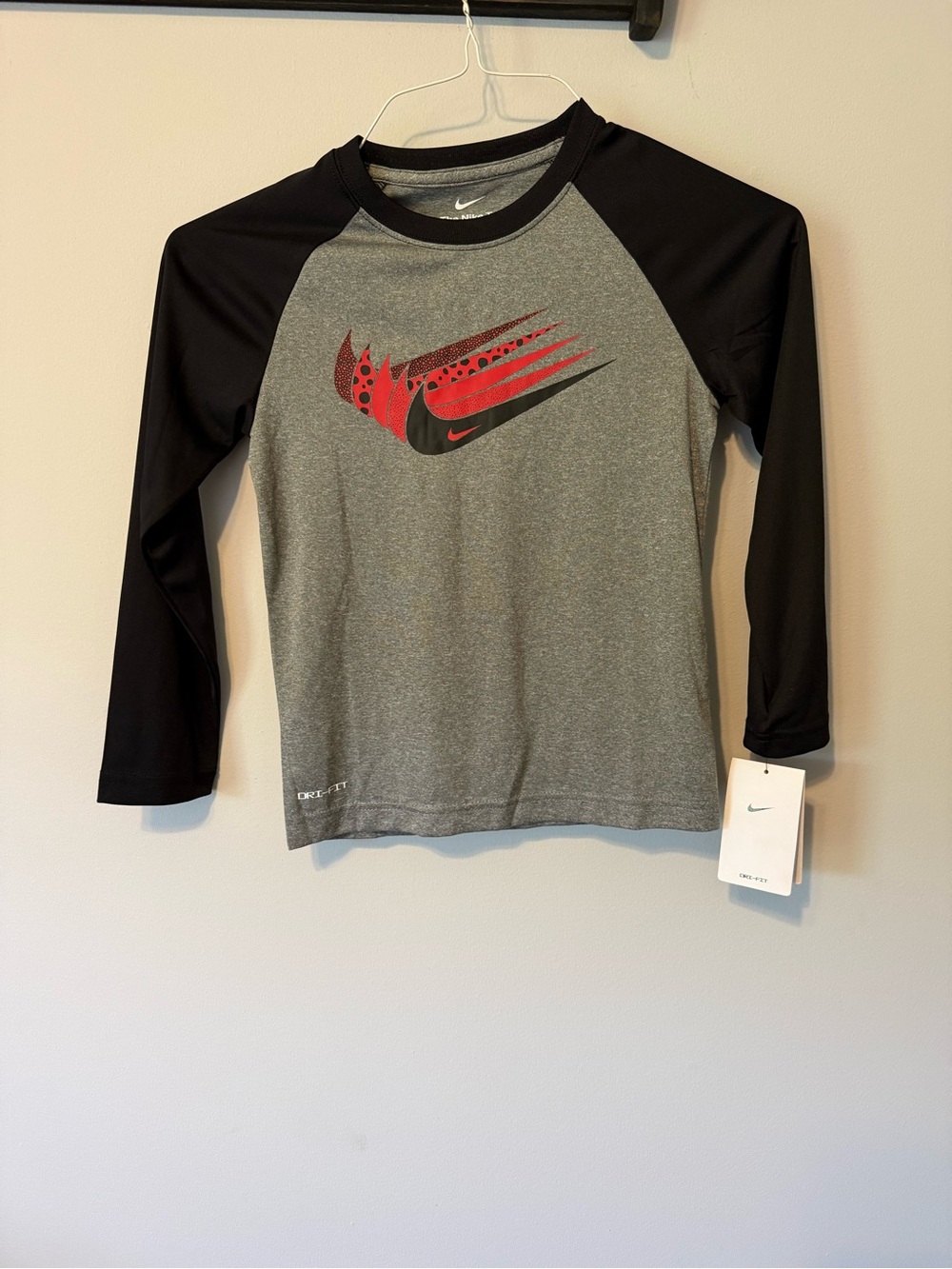 Nike Kids Long Sleeve Tee Black and Gray with Red Graphic